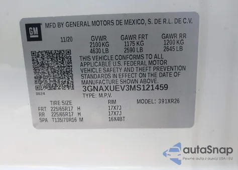 2021 Chevrolet Equinox Awd Lt z USA, uszkodzony, nr VIN 3GNAXUEV3MS121459